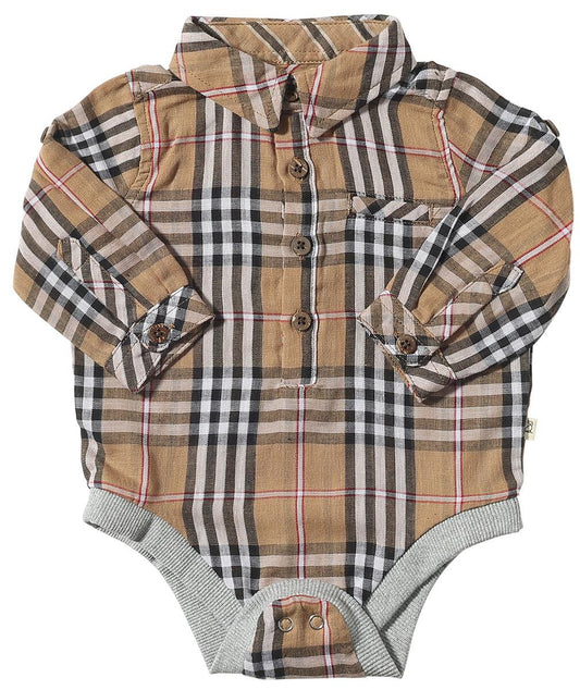 me and henry, collared, baby boy, onesie, long sleeve, winter, holiday, plaid, brown, black and red