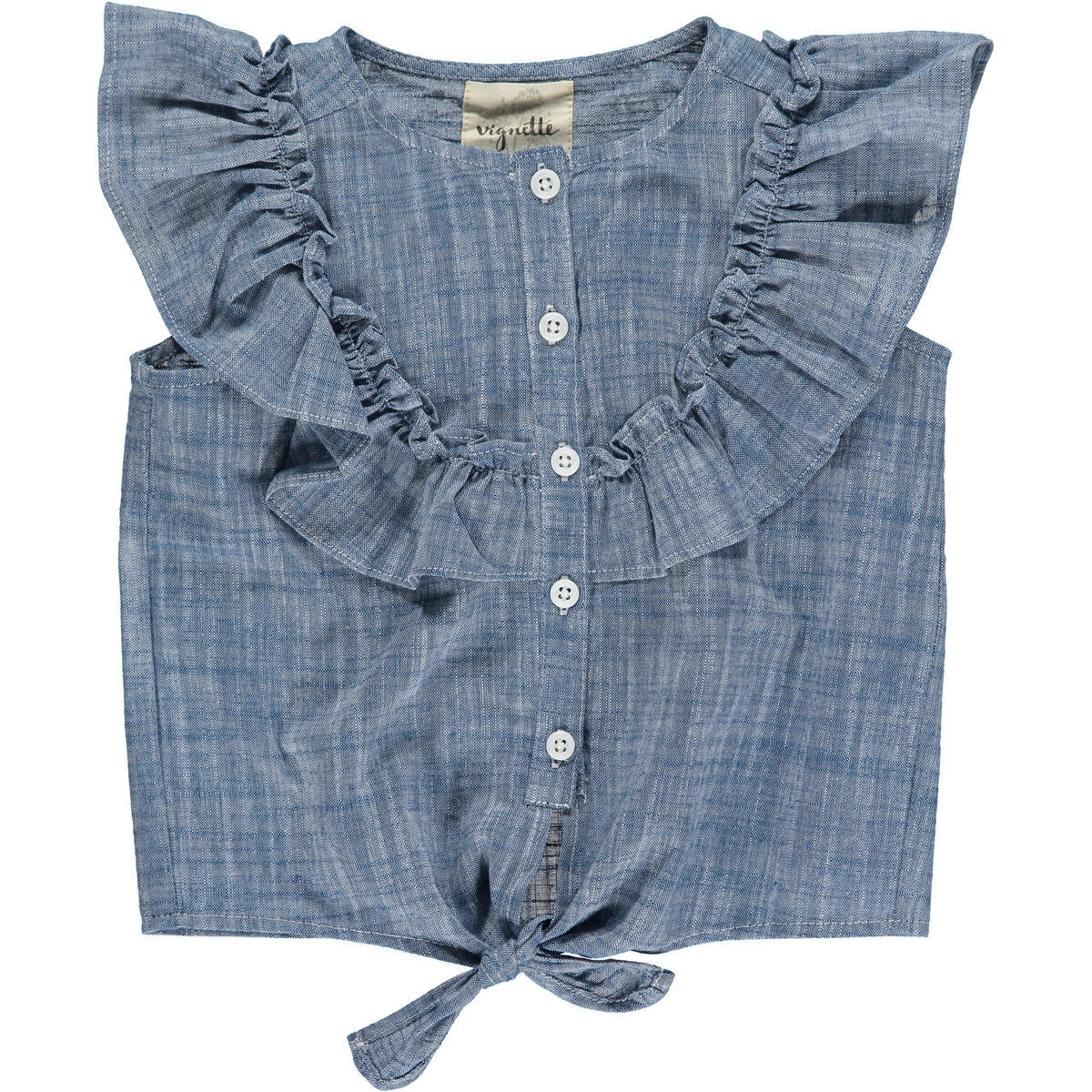 Vignette Luna Frilly Denim Girl's Top - Blue chambray button ruffle top 