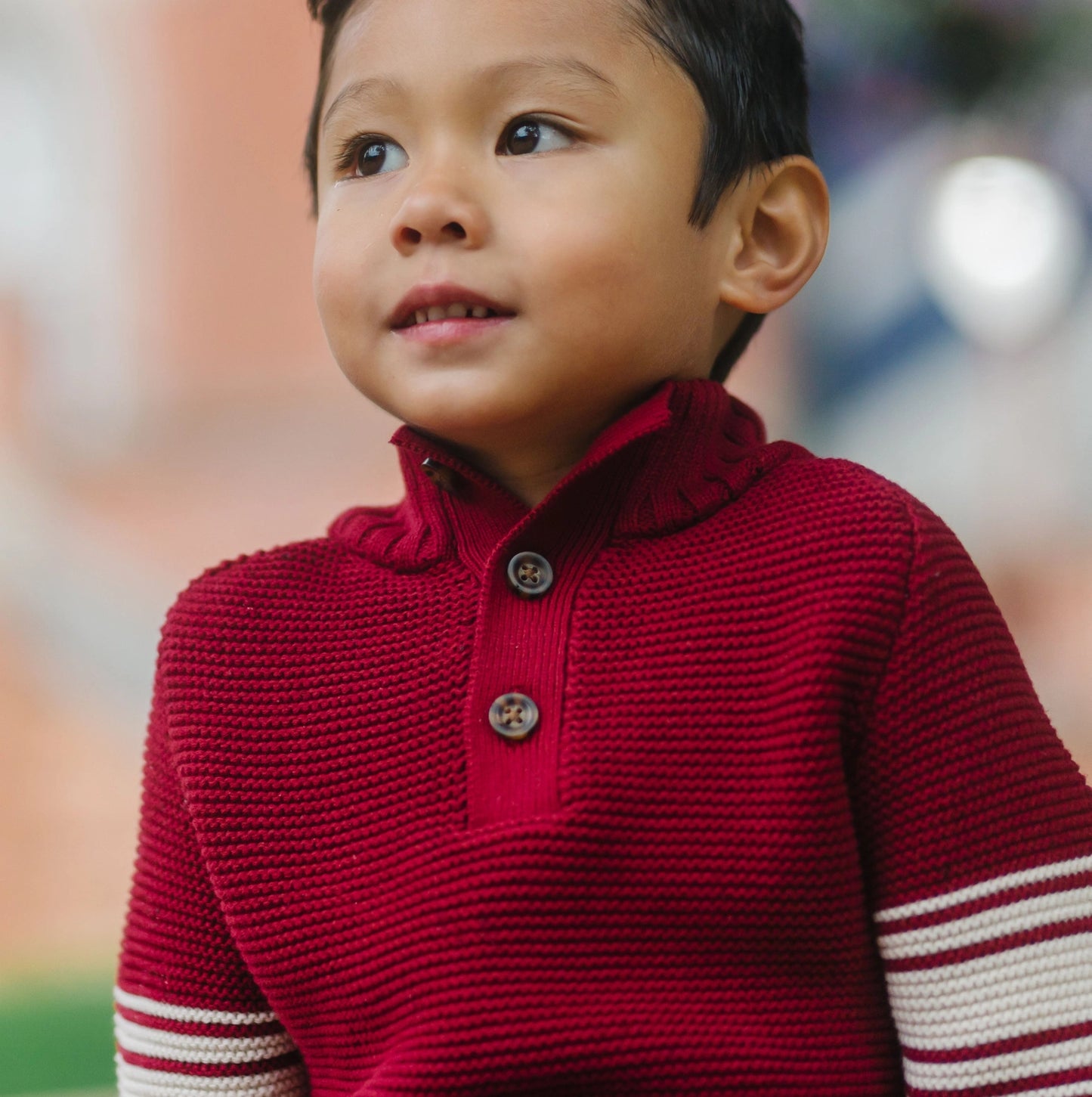 Hope and Henry Mock Neck Kanga Sweater – Dark Red with Sleeve Stripes