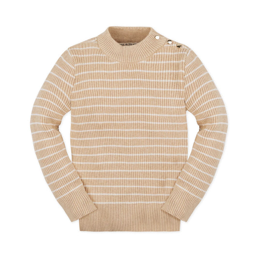 hope and henry, long sleeve, camel, tan, white, striped, sweater, girl, organic cotton, fall, winter, gold button detail