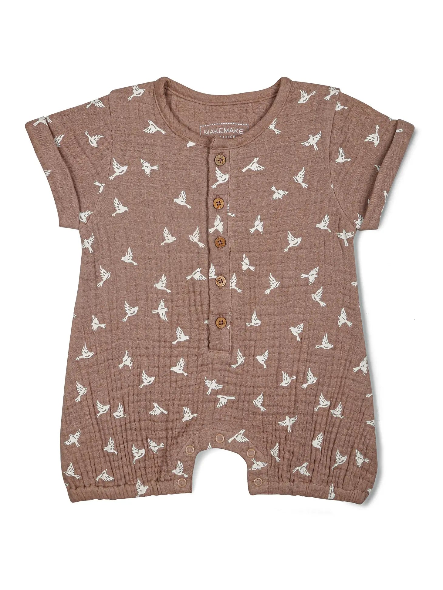 Makemake Organics Organic Short Bubble Romper - Flock brown muslin bird fabric shorties