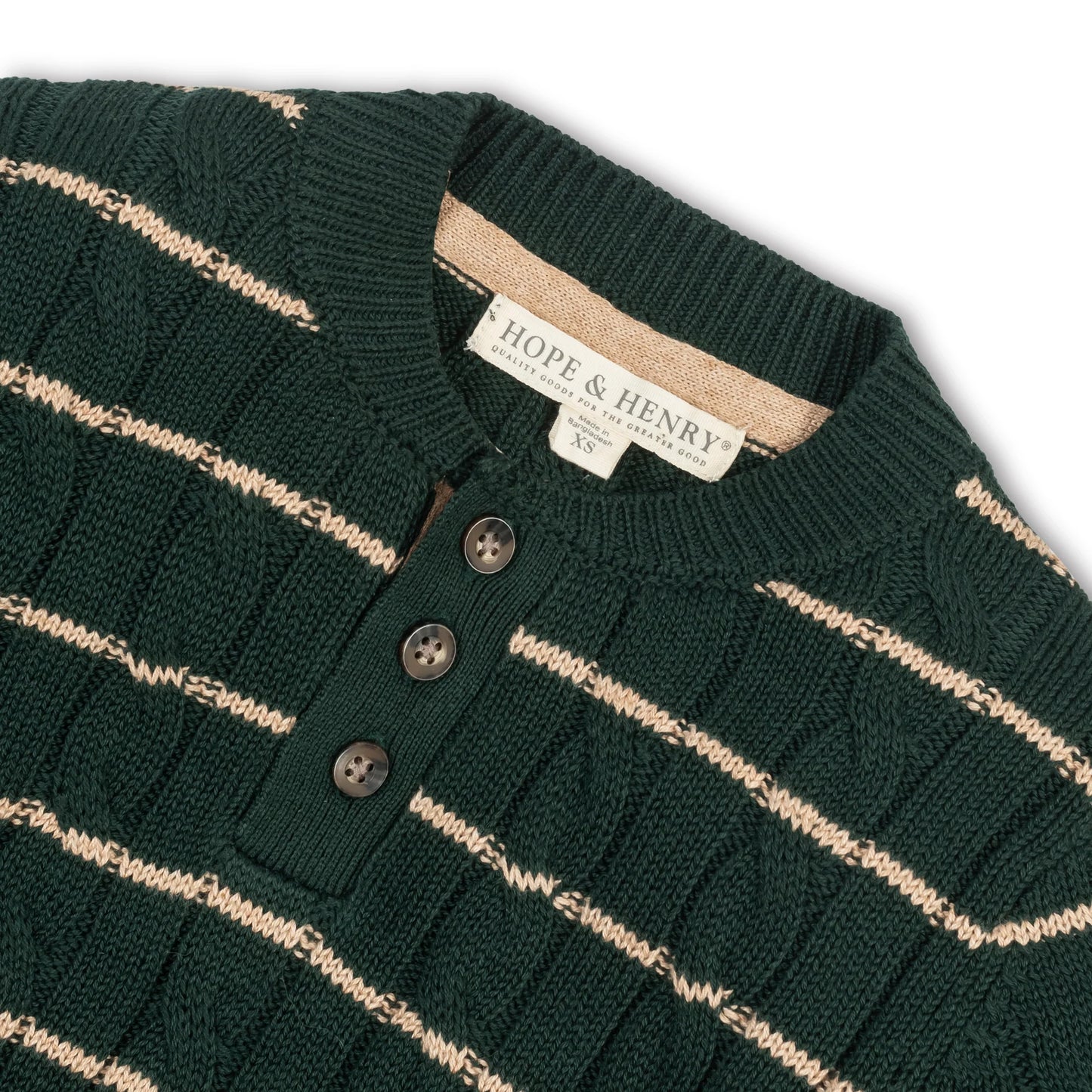 Hope and Henry Organic Sweater Henley w/Elbow Patches – Pine Green Cable Stripe