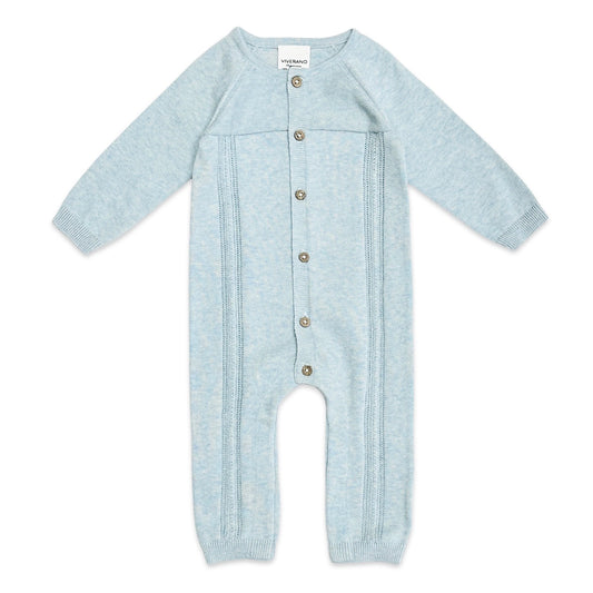 viverano button front long sleeve baby blue pointelle jumpsuit, romper, playsuit, sweater knit, organic, boy, girl