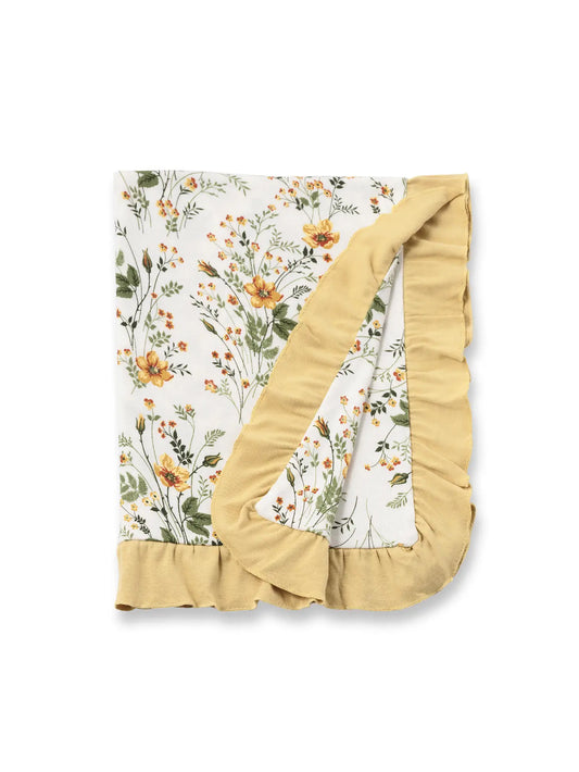 bamboo cotton baby blanket yellow floral yellow ruffle wildflowers