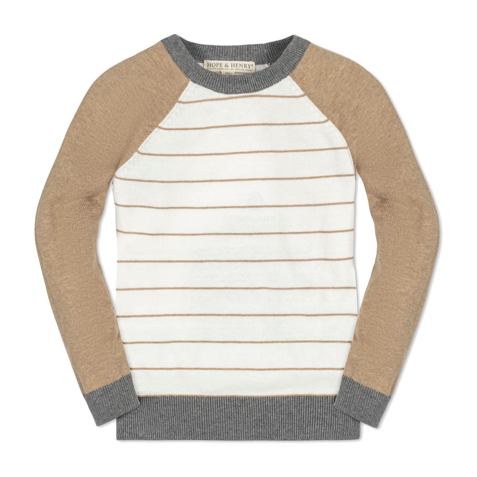 hope and henry boys organic raglan sweater, tan, white stripe, gray collar