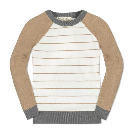 hope and henry boys organic raglan sweater, tan, white stripe, gray collar