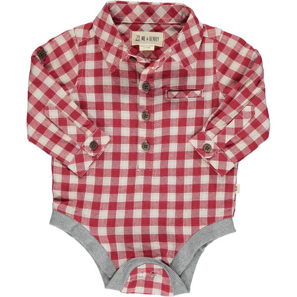 red and white plaid onesie long sleeve collared shirt
