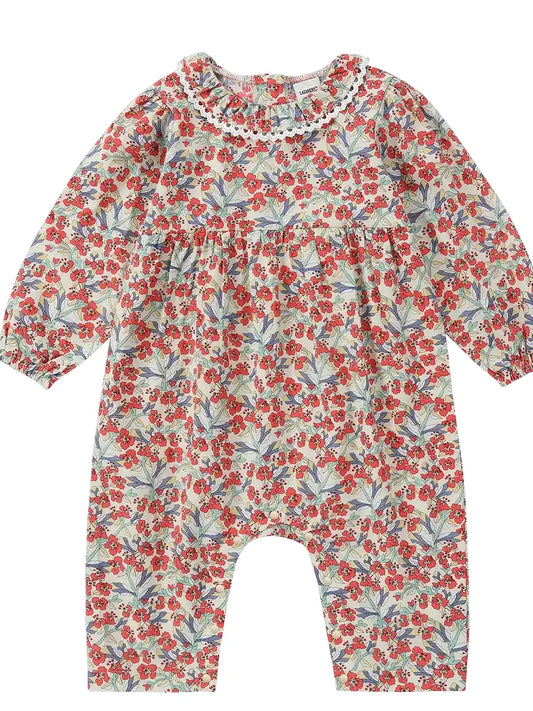organic cotton red floral baby girl long sleeve romper lace collar
