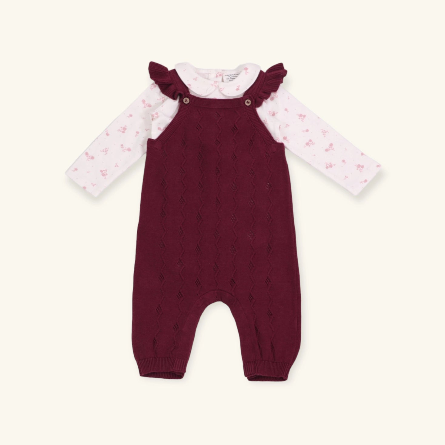 viverano long sleeve collared bodysuit with burgandy pointelle overalls with ruffle sleeves, girl, romper, jumpsuit