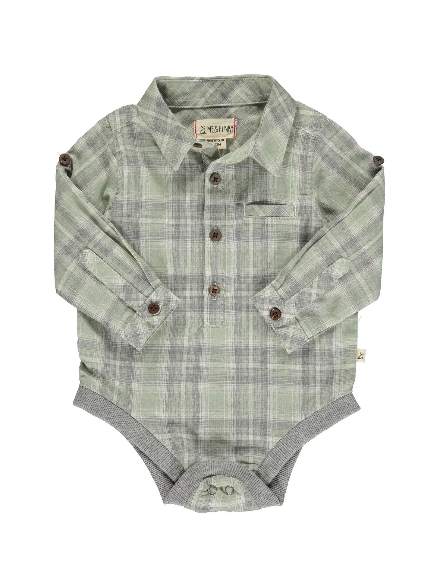 me and Henry sage and grey plaid jasper woven onesie long sleeve collared button detail