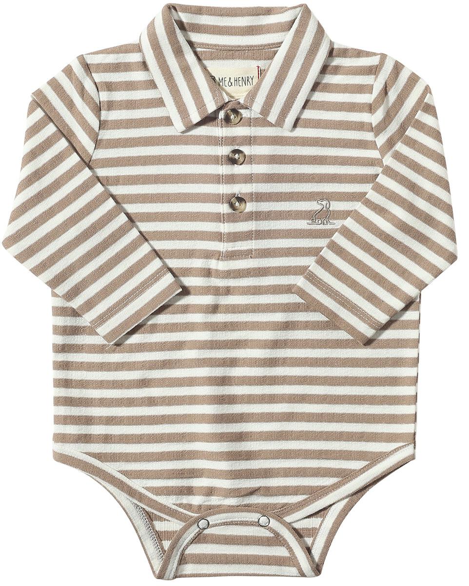 me and henry, beige and white, striped, long sleeve, polo, collared, shirt, onesie, baby, boy