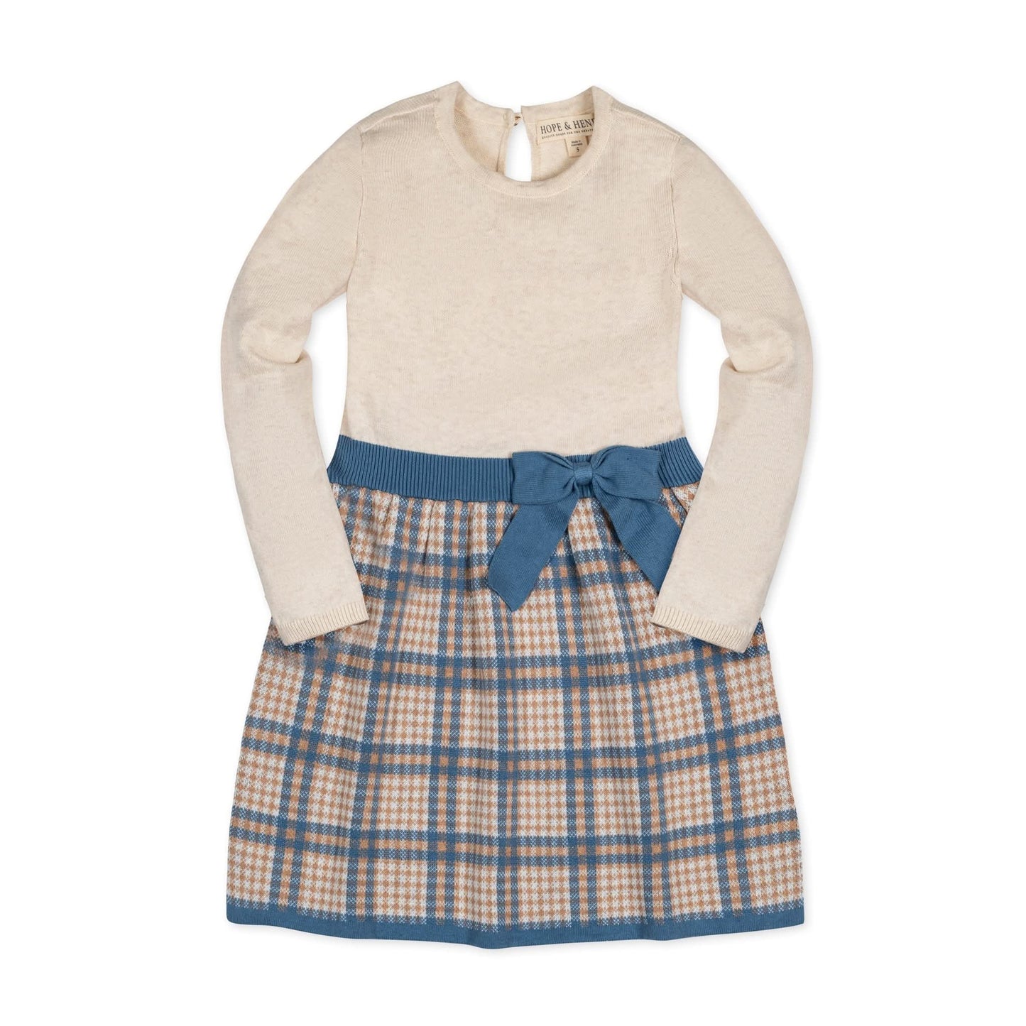 Hope and Henry Organic Skater Sweater Dress w/Bow – Oatmeal Plaid Colorblock