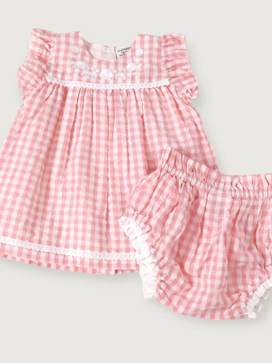 viverano Sophie seersucker gingham dress in pink and white checkered detail