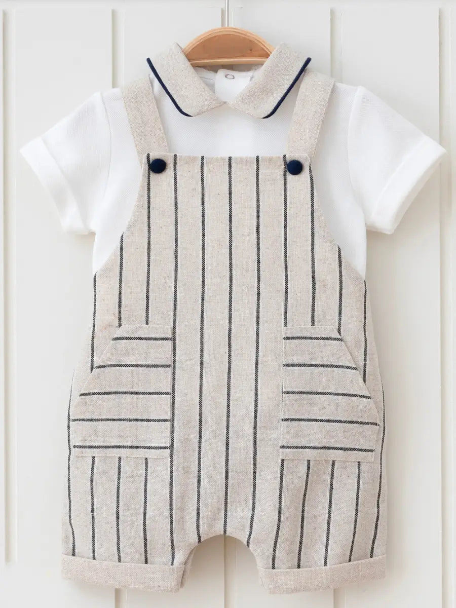 striped overalls shorties and short sleeve collared shirt navy stripes