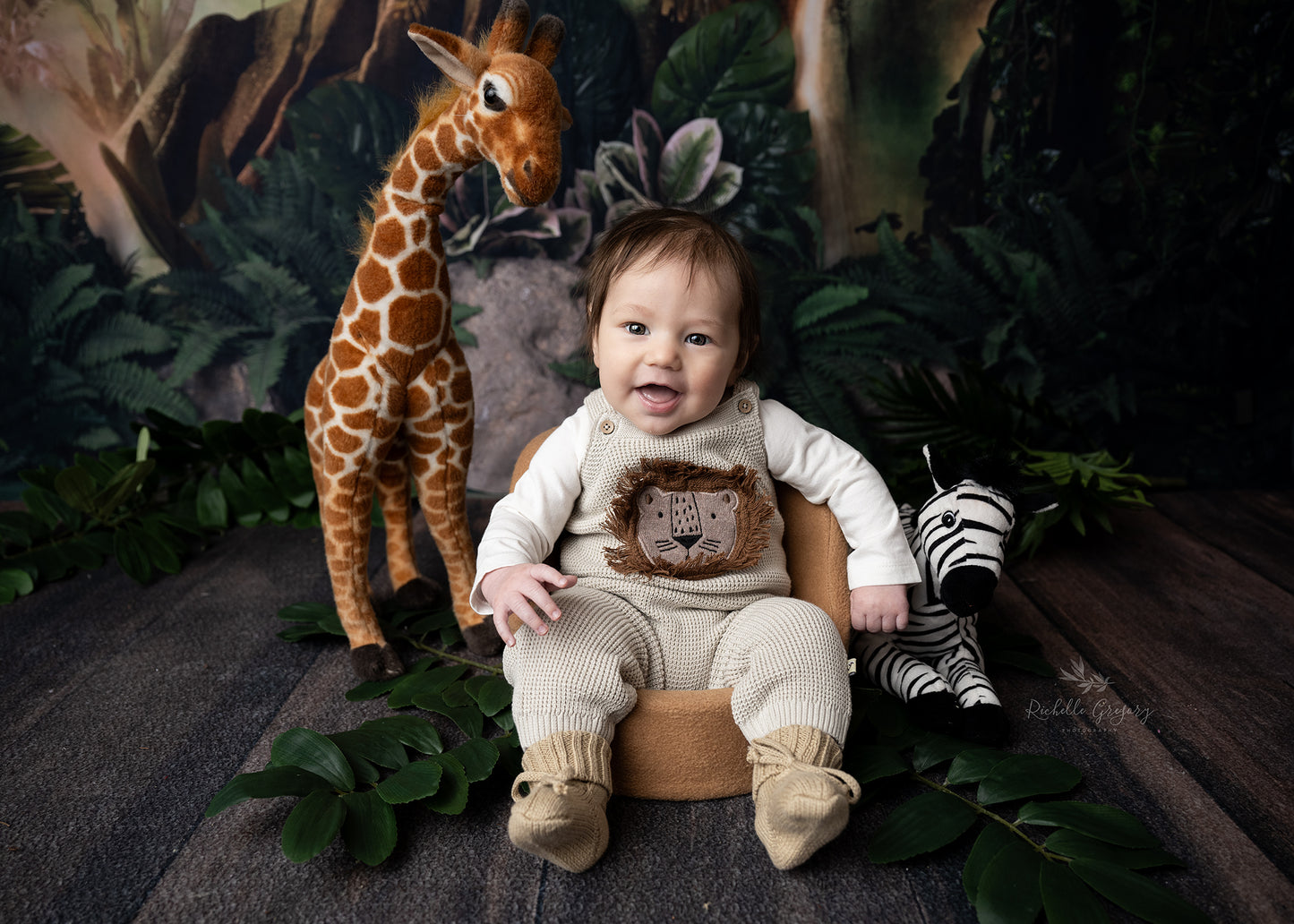 Adorable baby wearing Viverano Organics Lion Applique Baby Overall Knit Set (organic cotton)