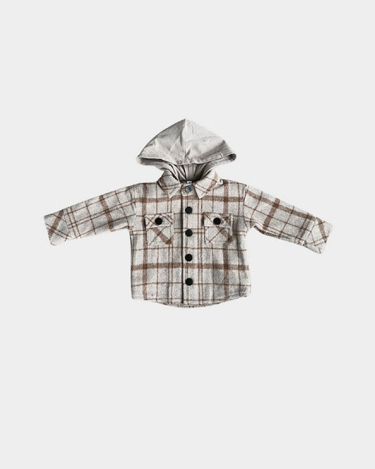 babysprouts, shacket, toffee, brown, beige, plaid, flannel, hood, boys