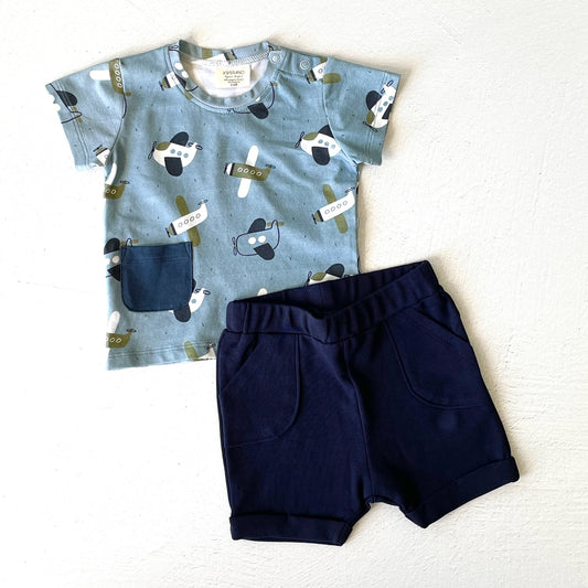 viverano navy two piece shorts and short sleeve shirt planes