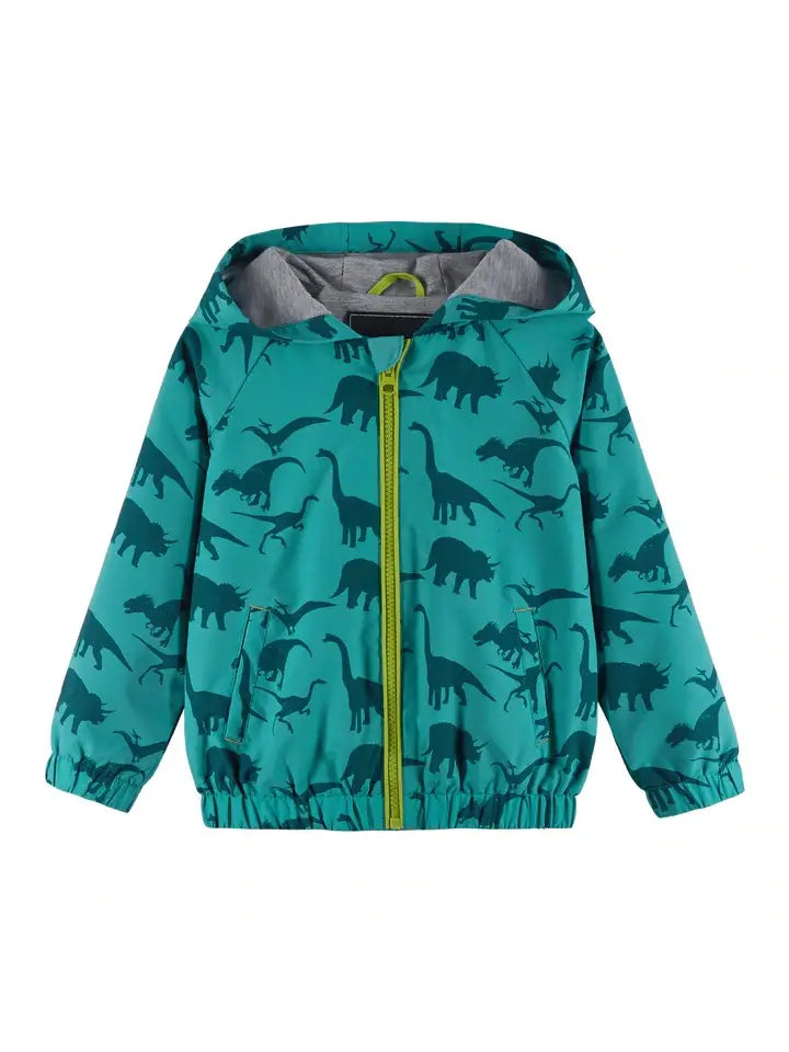 andy and evan, teal, dino, coat, jacket, windbreaker, spring, summer, fall, little boy, toddler, boy, rain