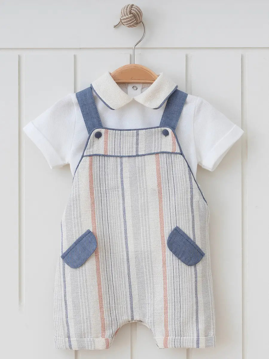 boys striped romper with white colored short sleeve shirt shorties overalls