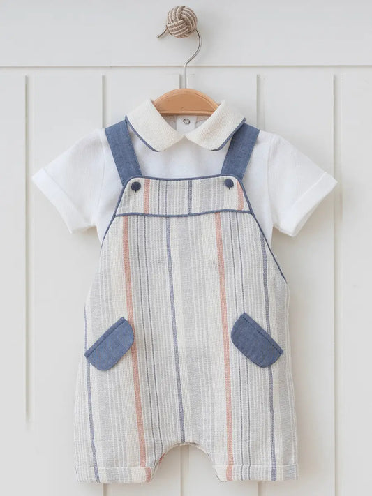 boys striped romper with white colored short sleeve shirt shorties overalls